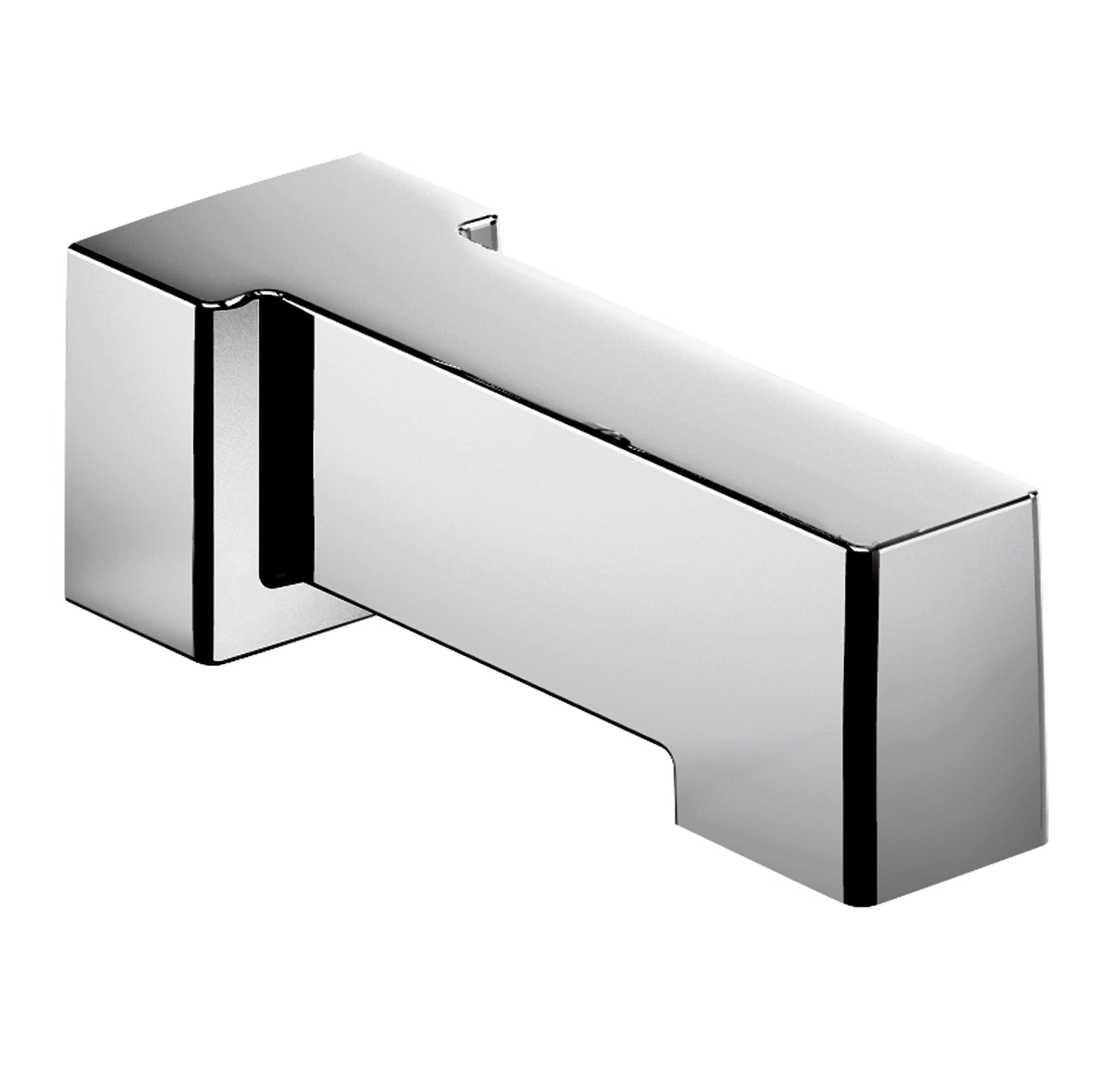 Chrome spout with 90-degree angled design and wall mount connection point.