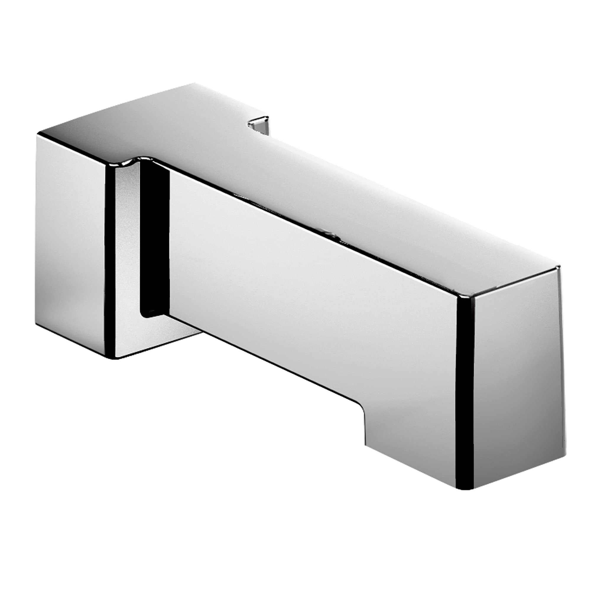 Chrome spout with 90-degree angled design and wall mount connection point.