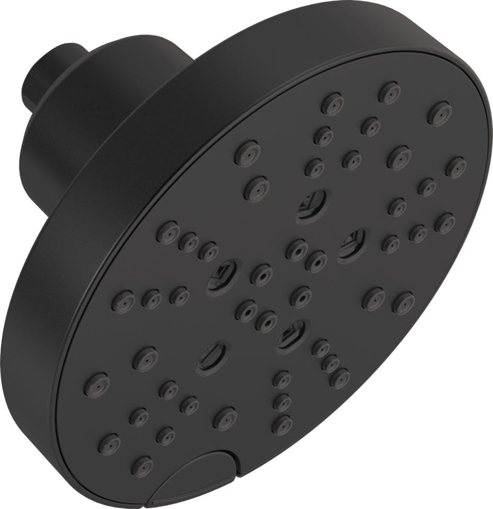 Black circular raincan shower head with multiple spray jets and side connector arm.