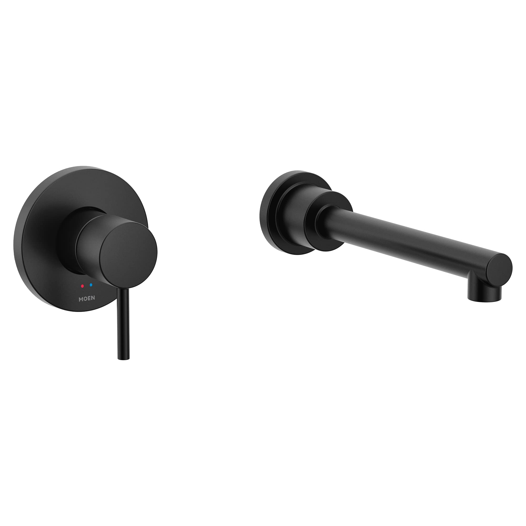Matte black wall-mounted tub faucet with single handle control on left and angled spout on right.