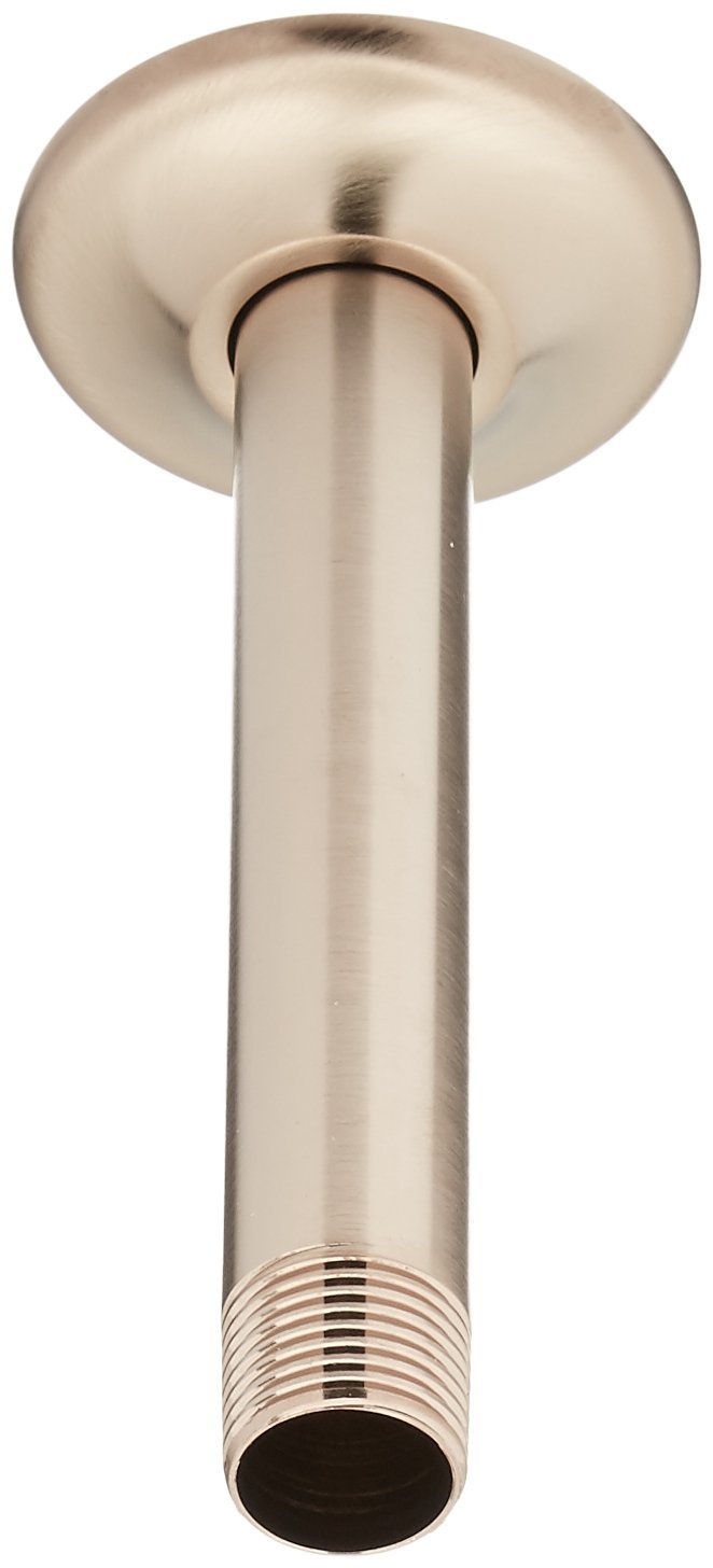 Champagne bronze ceiling-mount shower arm with round flange and threaded connection fitting.