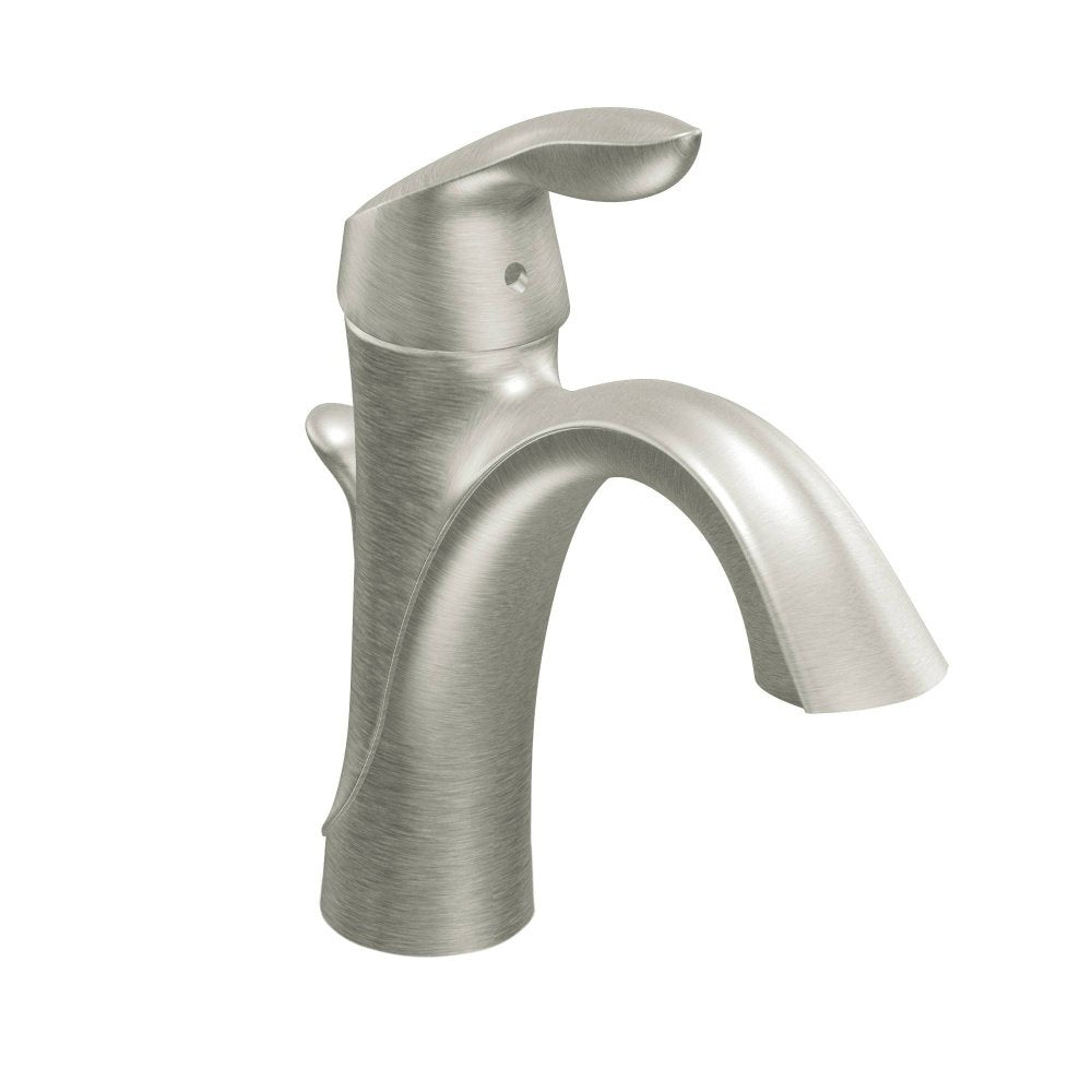 Brushed nickel single-handle bathroom faucet with curved spout and lever control.