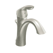 Brushed nickel single-handle bathroom faucet with curved spout and lever control.