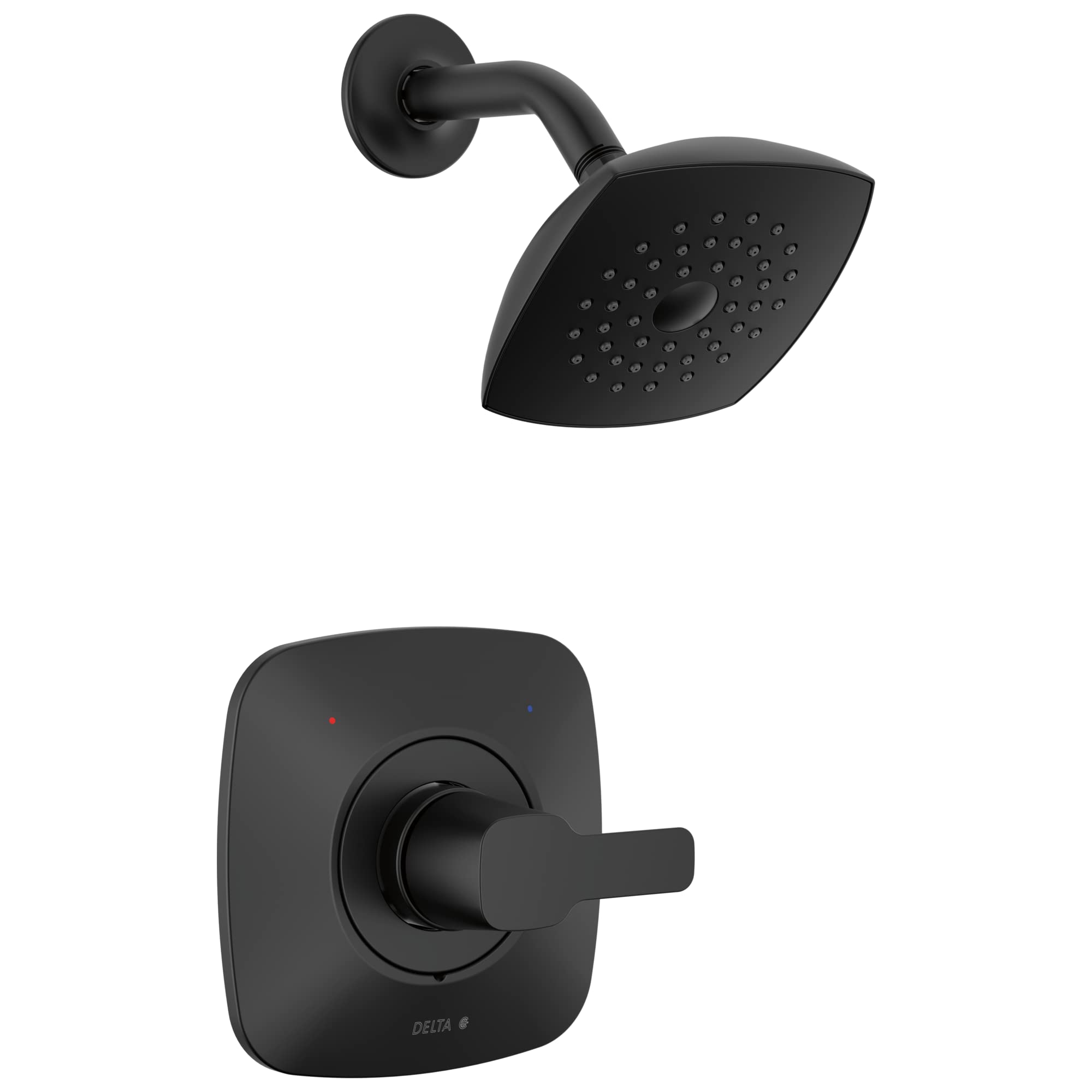 Black matte shower trim with square wall plate, lever handle, and perforated showerhead with curved arm.