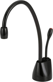Gloss black instant hot water dispenser faucet with curved spout and single handle lever control.
