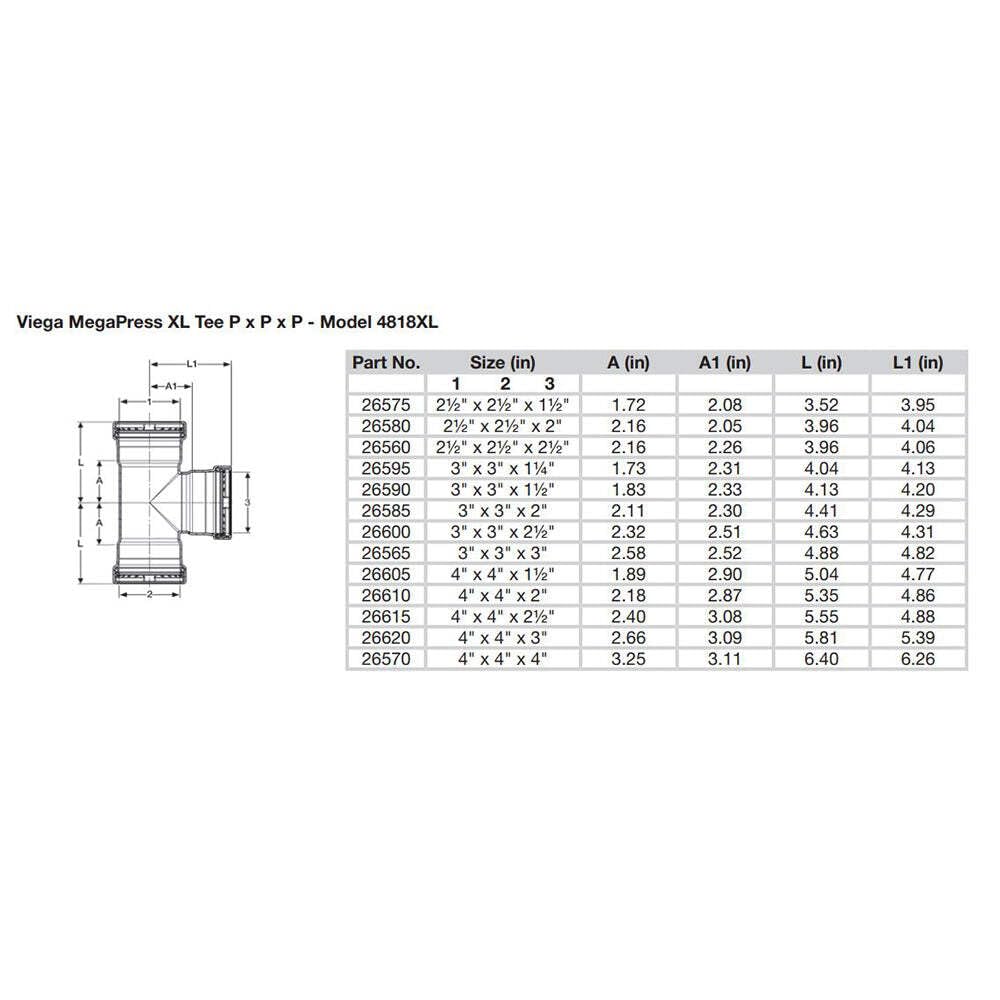 Carbon steel press tee fitting with zinc-nickel coating, 3" x 3" x 3", with technical specifications and dimensions chart.