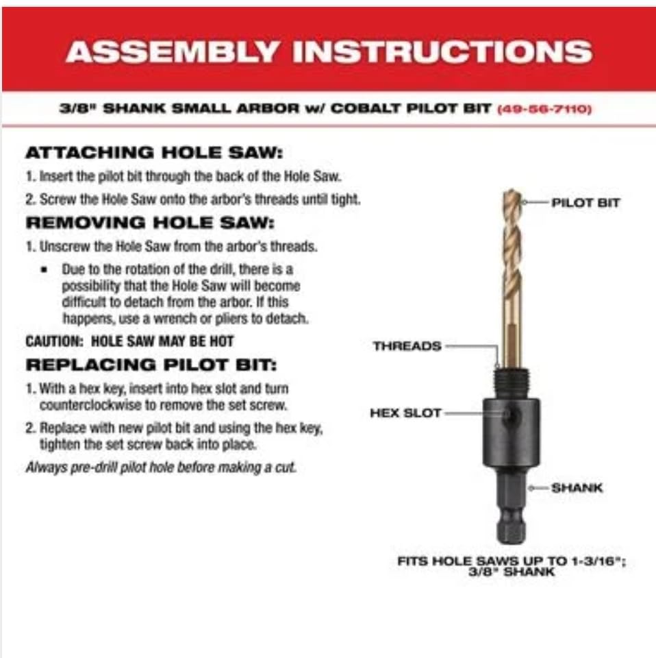 Assembly instructions diagram showing 3/8" shank arbor with cobalt pilot bit, labeled with attachment, removal, and replaceme