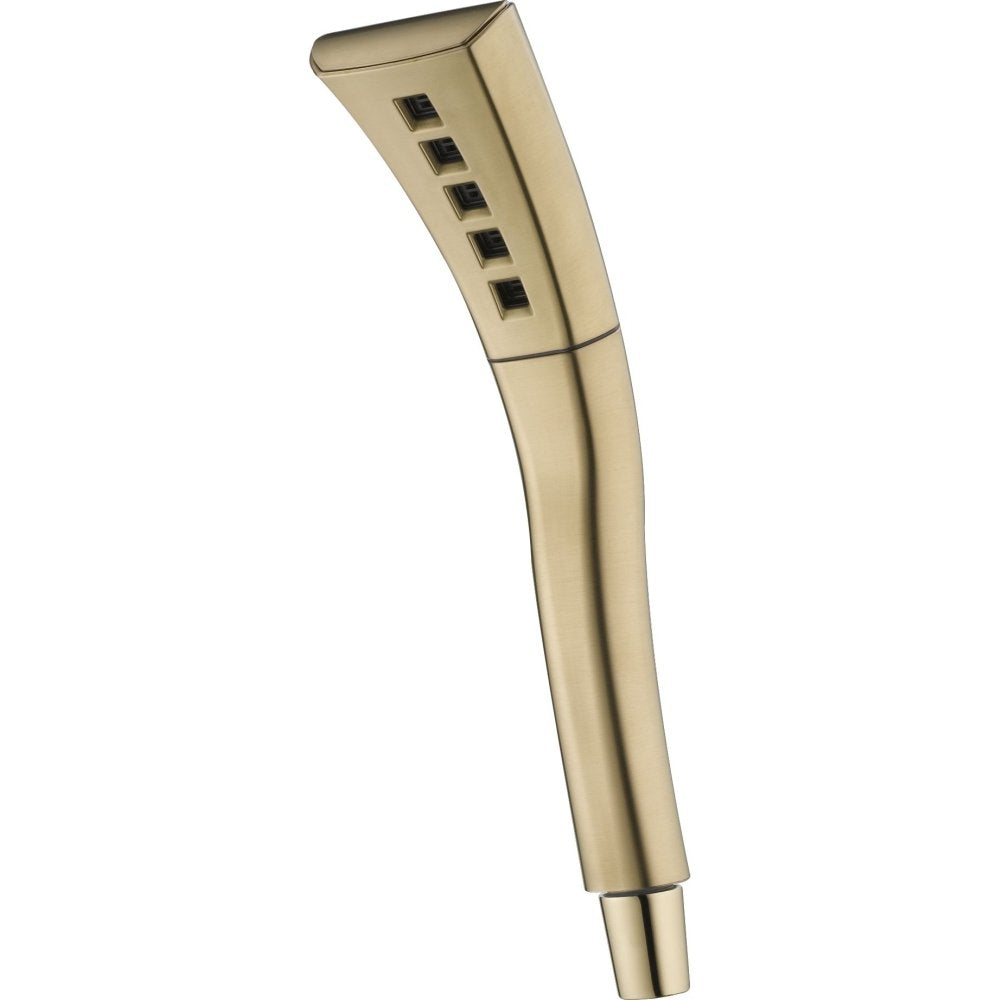 Champagne-colored hand shower with rectangular head featuring five spray jets and curved handle.
