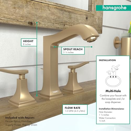 Brushed bronze widespread bathroom faucet with lever handles, arched spout, and pop-up drain assembly.