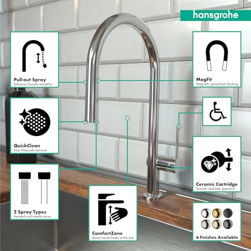 Chrome pull-down kitchen faucet with high arc spout and two-spray function mounted on countertop.