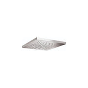 Chrome square shower head with multiple spray jets and flat overhead design.