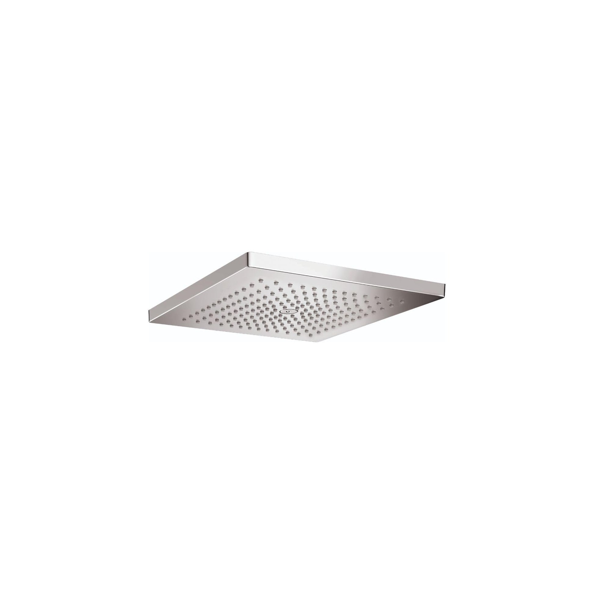 Chrome square shower head with multiple spray jets and flat overhead design.