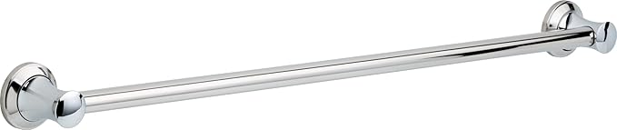 Chrome 36-inch straight grab bar with decorative circular mounting flanges on each end.