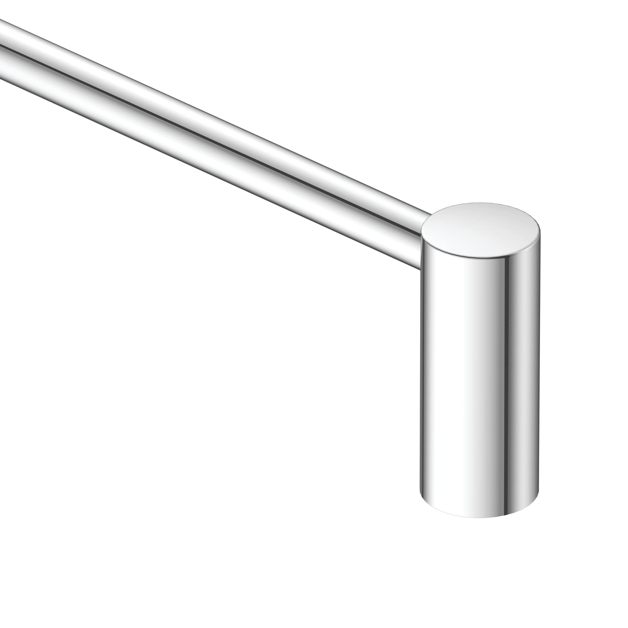 Chrome single towel bar with cylindrical end cap and horizontal rail.