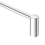 Chrome wall-mounted towel bar with cylindrical end cap and horizontal rod extending left.