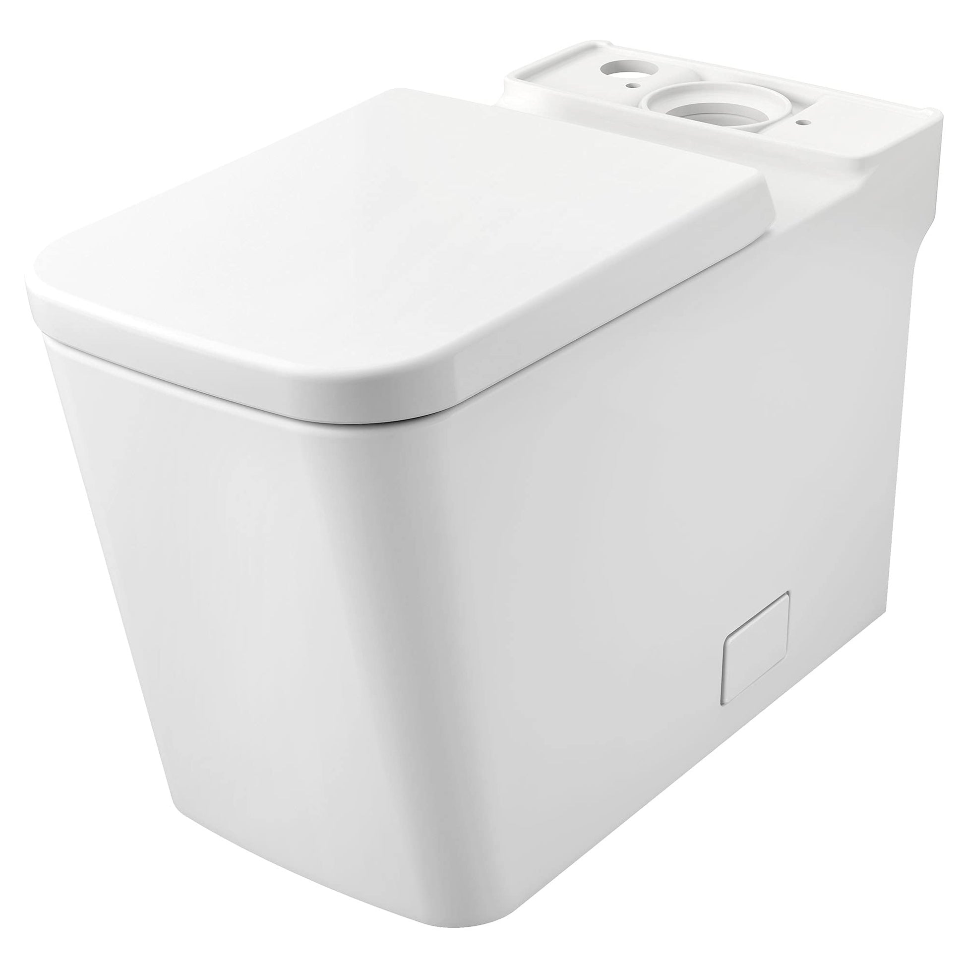 White Grohe Eurocube elongated toilet bowl with closed seat lid and dual flush valve openings on tank-less design.