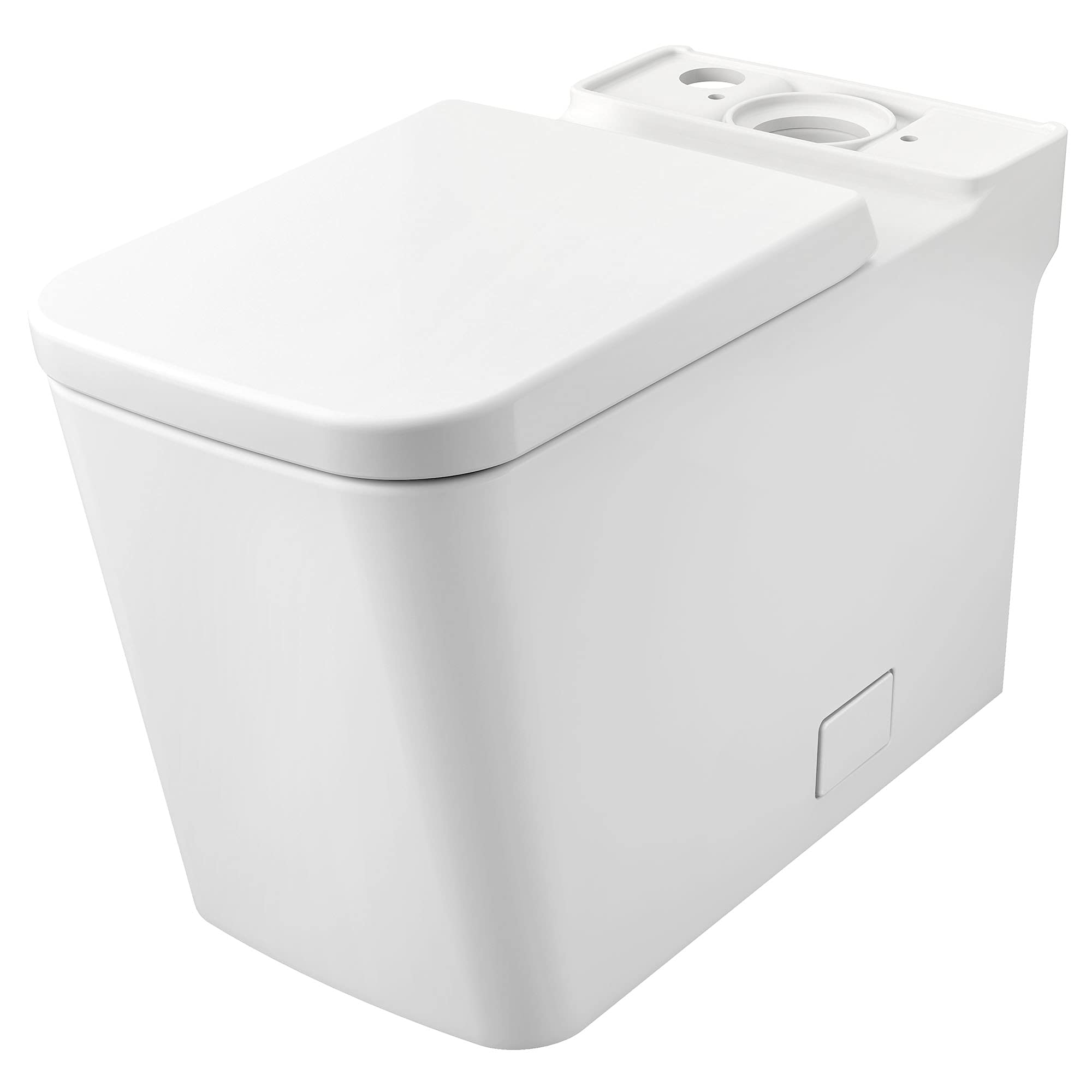 White Grohe Eurocube elongated toilet bowl with closed seat lid and dual flush valve openings on tank-less design.