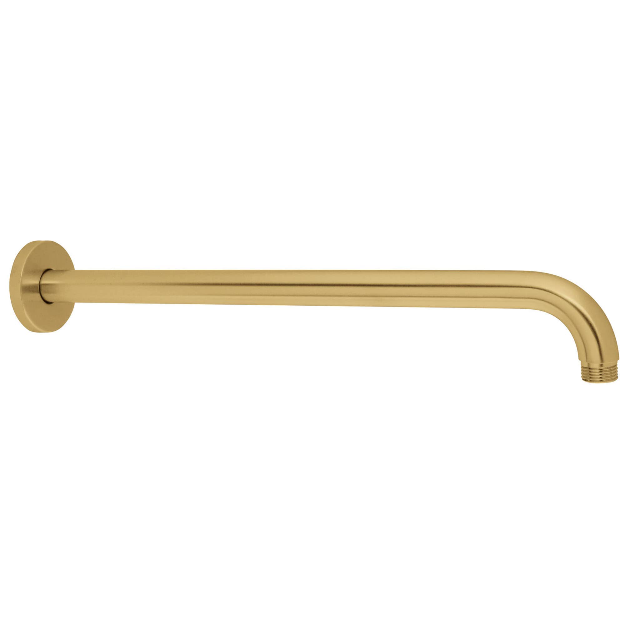 Brushed gold shower arm with wall-mounted round flange and threaded outlet connection.