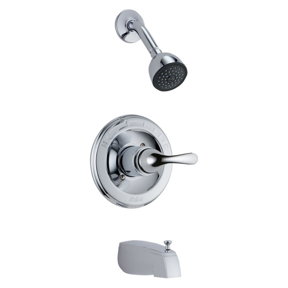 Chrome tub and shower trim with round escutcheon, single lever handle, showerhead, and tub spout.