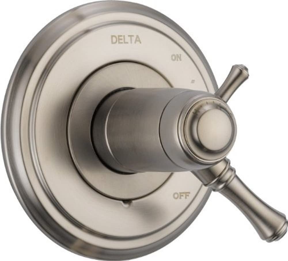 Brushed nickel Delta Cassidy valve trim with round escutcheon, single lever handle, and ON/OFF markings.