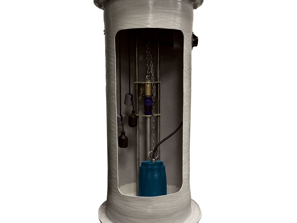 Cylindrical white plastic safety switch assembly with internal float mechanism, chain, and blue float ball suspended inside c