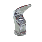 Satin chrome water bubbler with curved top spout and control lever on cylindrical base.