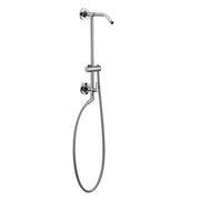 Chrome shower slidebar system with wall-mounted showerhead, adjustable handheld sprayer, and flexible hose.
