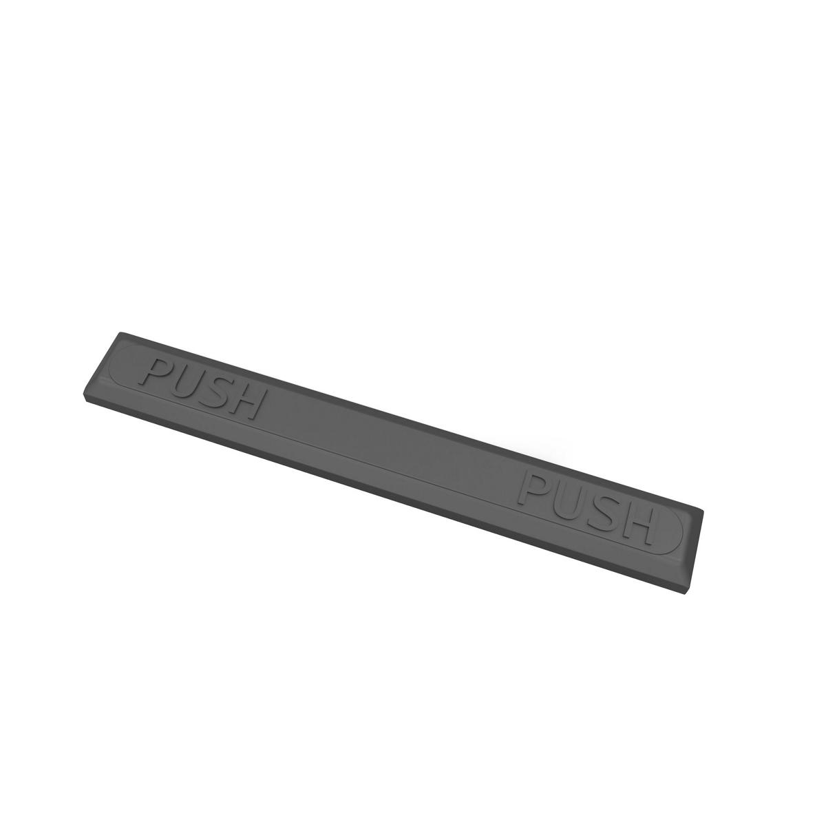 Gray rectangular pushbar with "PUSH" text embossed on both ends.