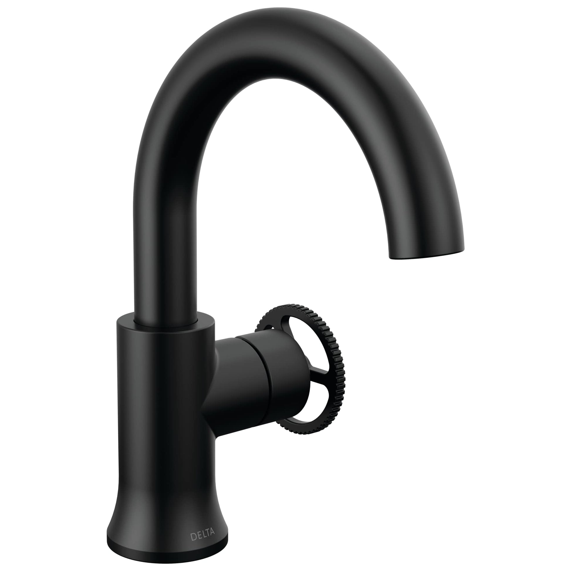 Black single-handle bathroom faucet with high arc spout and textured wheel handle.