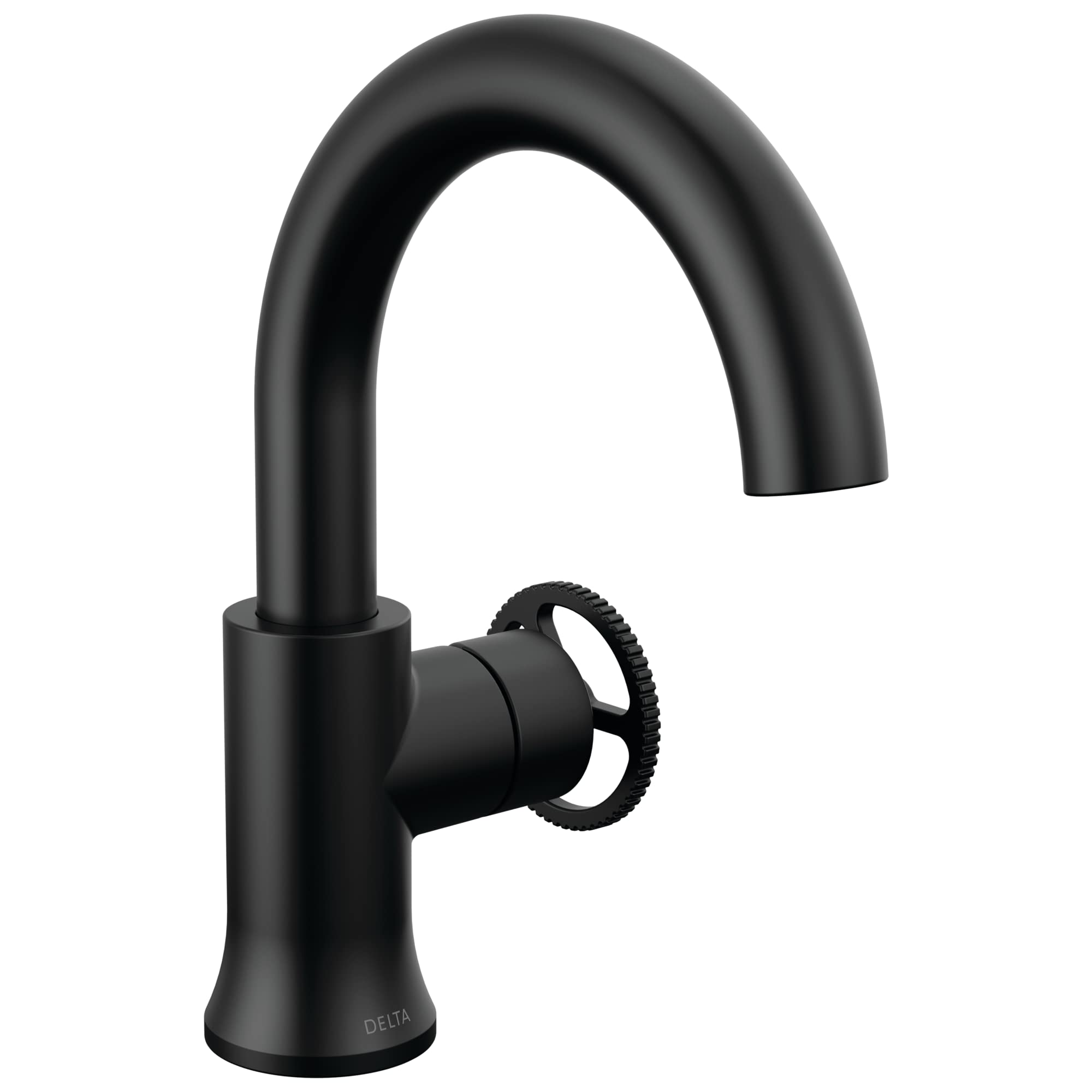 Black single-handle bathroom faucet with high arc spout and textured wheel handle.