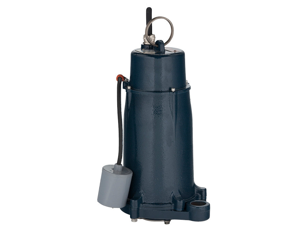 Dark blue cylindrical grinder pump with attached gray float switch and discharge hose on white background.