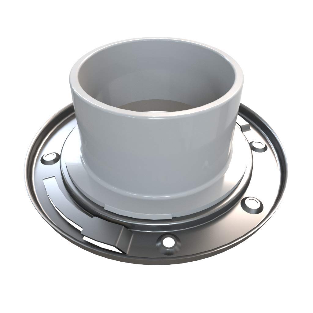 White PVC closet flange with stainless steel ring and mounting holes.