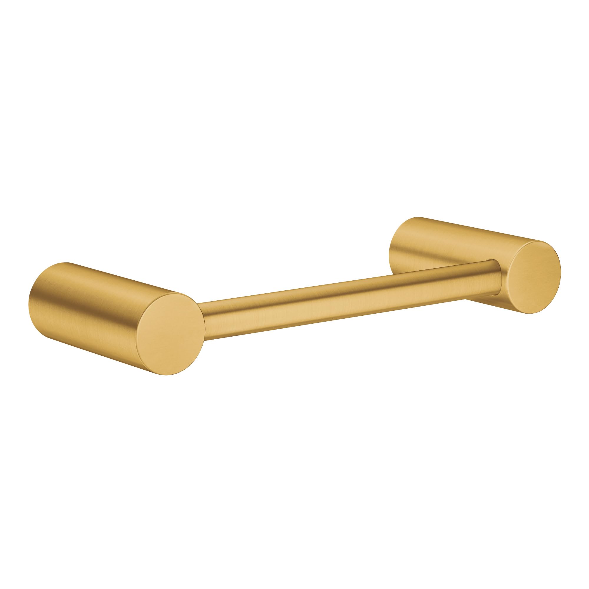 Brushed gold cylindrical towel bar with round end caps and horizontal mounting hardware.