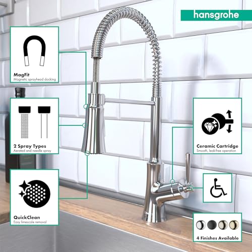 Chrome semi-pro kitchen faucet with coiled hose spray head and features for magnetic docking and quick-clean technology.