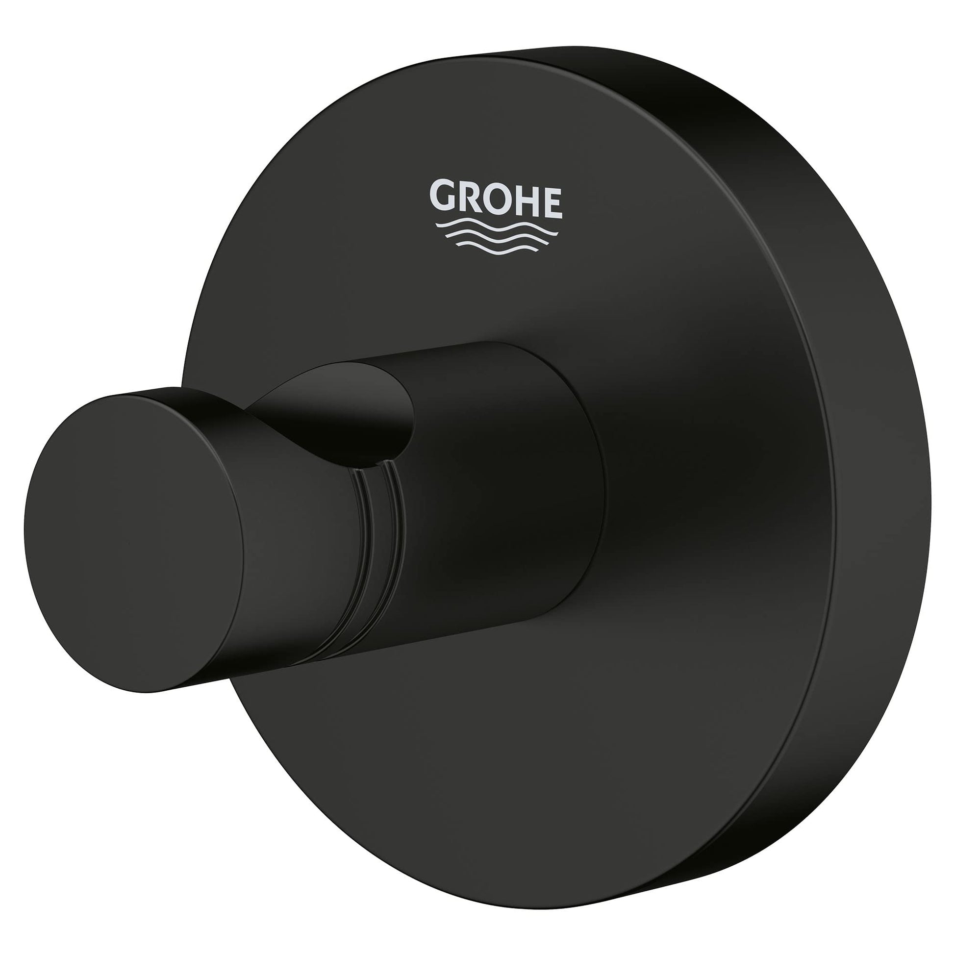 Matte black cylindrical robe hook with round wall-mounted backing plate and Grohe logo.