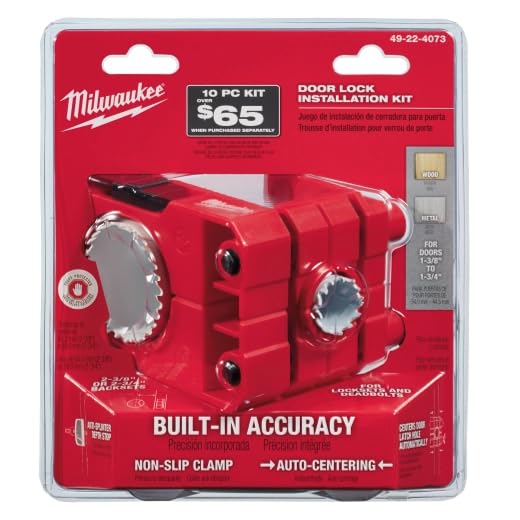 Milwaukee HOLE DOZER 10-piece door lock installation hole saw kit with red housing and auto-centering clamp.