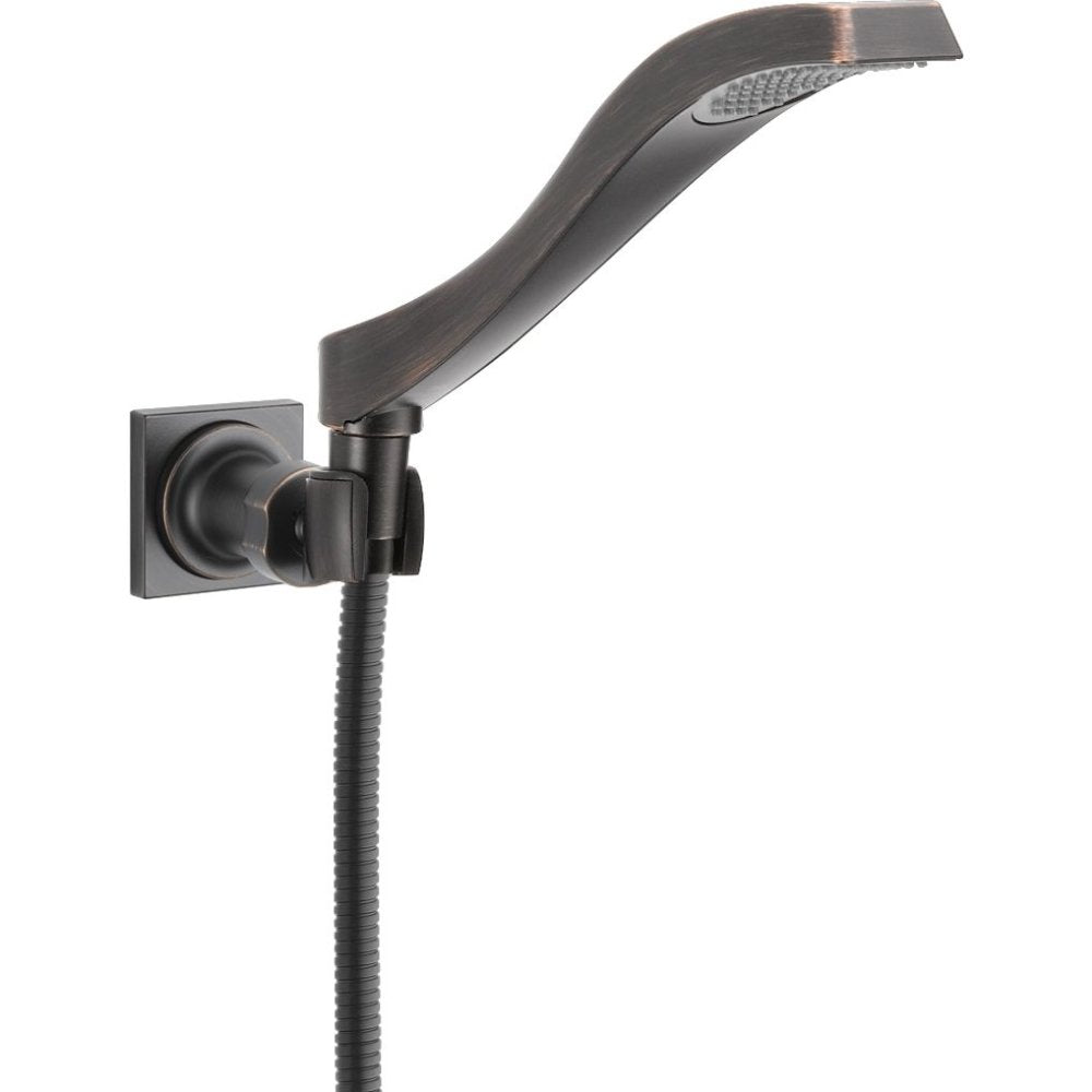 Oil-rubbed bronze hand shower with curved wand, wall mount bracket, and flexible hose connection.