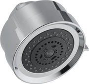 Chrome shower head with black face plate featuring multiple spray holes and Delta branding.