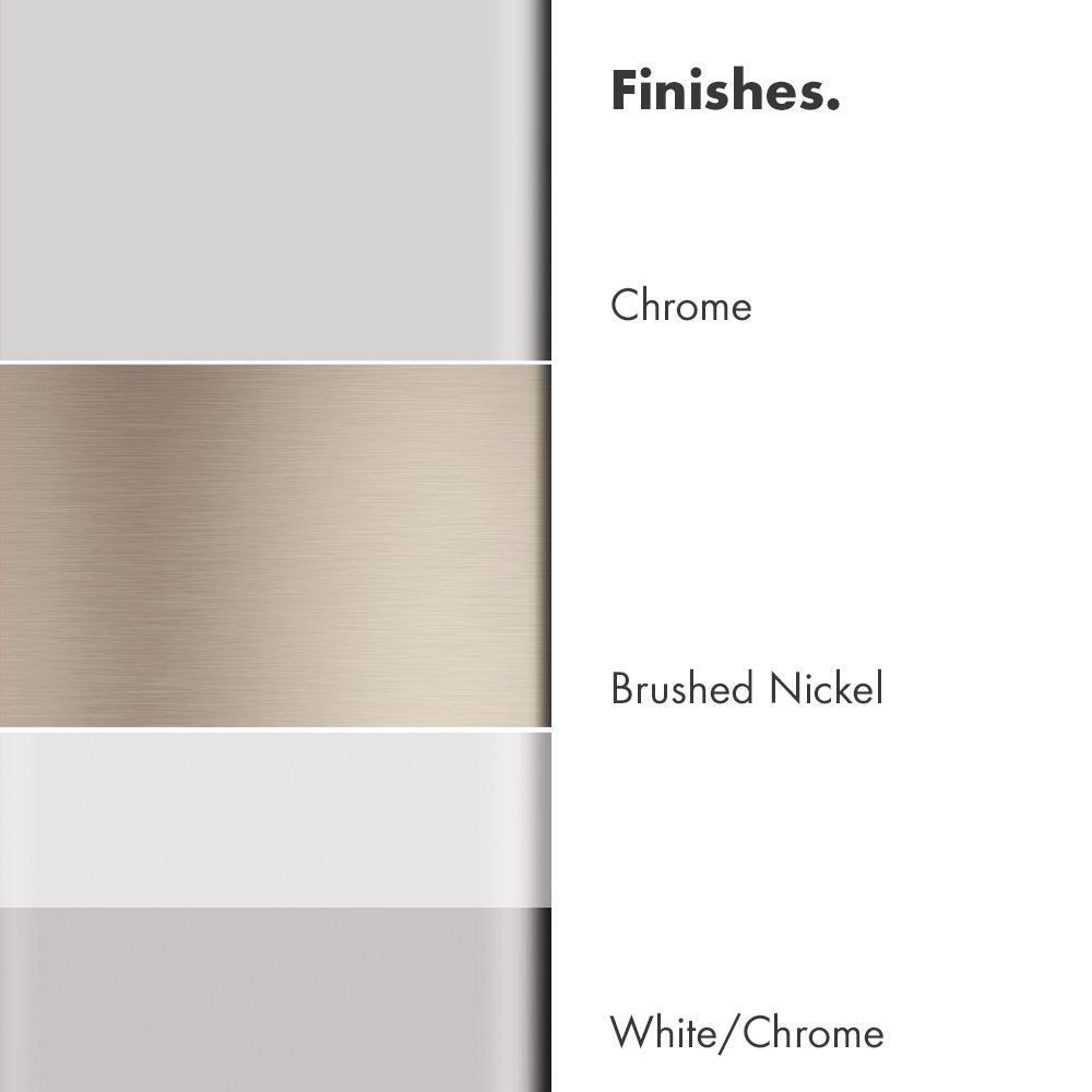 Finish color samples showing chrome, brushed nickel, and white/chrome options for shower head.