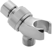 Satin nickel shower arm mount with adjustable angle joint and wall bracket attachment.