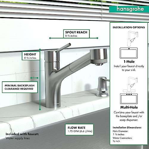 Steel optic Hansgrohe Talis S kitchen faucet with pull-out spray head, 8.75-inch height, 8.75-inch spout reach, shown with in