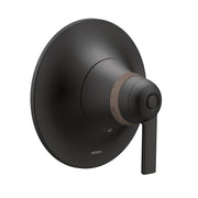 Matte black shower trim kit with oval escutcheon plate, thermostatic control knob, and lever handle.
