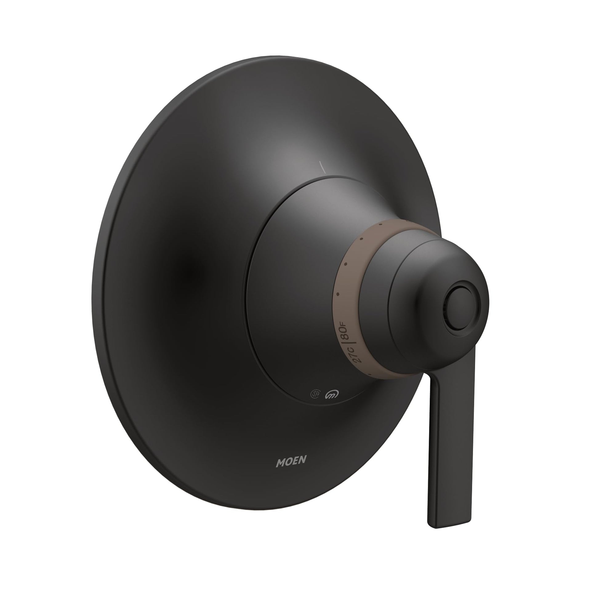 Matte black shower trim kit with oval escutcheon plate, thermostatic control knob, and lever handle.
