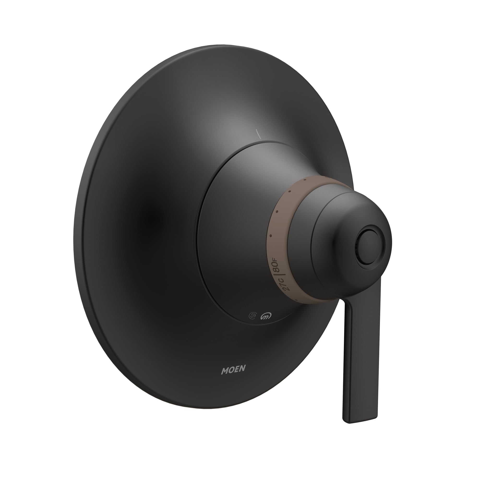 Matte black shower trim kit with oval escutcheon plate, thermostatic control knob, and lever handle.