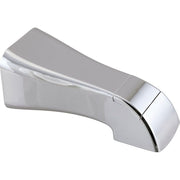 Chrome tub spout with pull-up diverter and angled spout outlet.