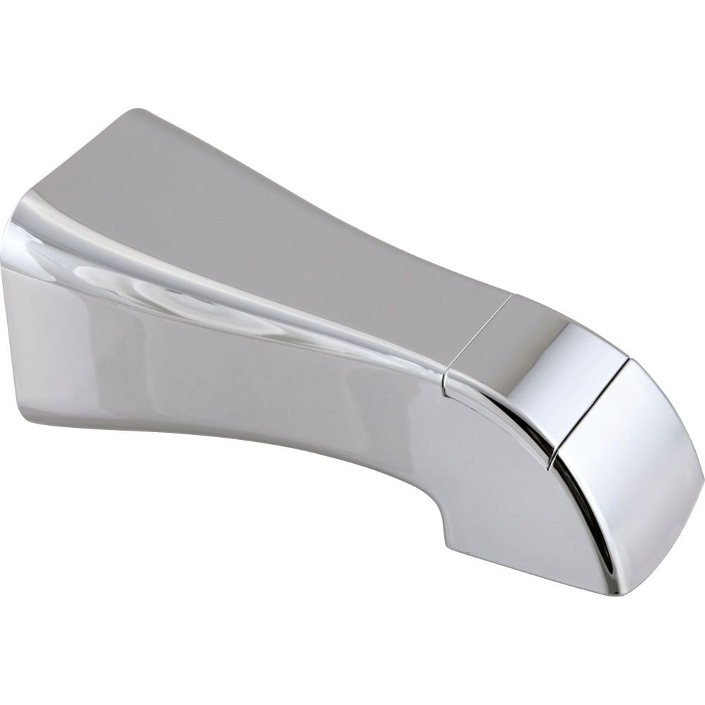 Chrome tub spout with pull-up diverter and angled spout outlet.