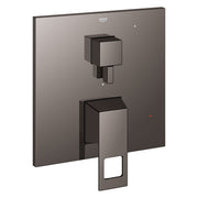 Grohe Eurocube hard graphite pressure balance valve trim with square handles and 2-way diverter mounted on wall plate.