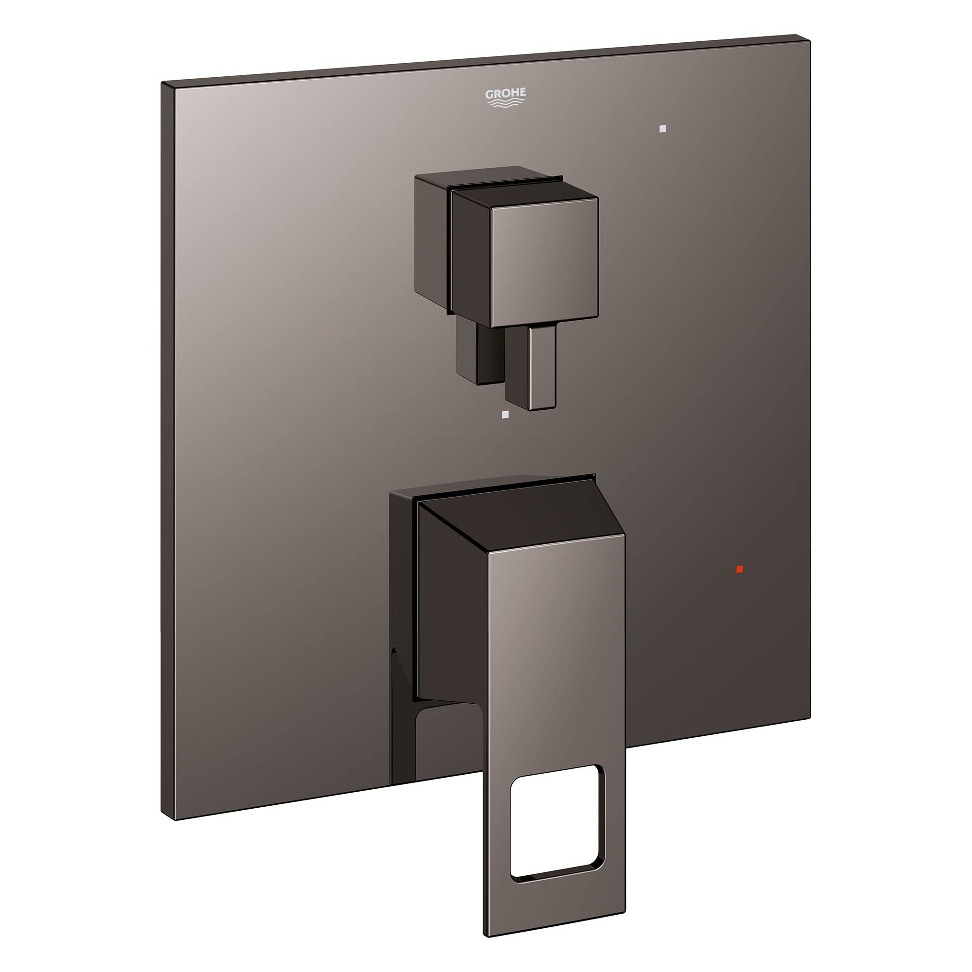 Grohe Eurocube hard graphite pressure balance valve trim with square handles and 2-way diverter mounted on wall plate.