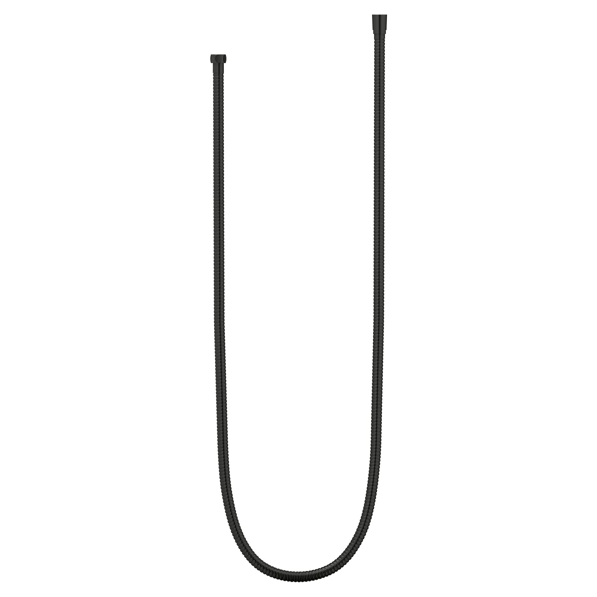 Matte black metal shower hose with textured surface and threaded connectors at both ends.