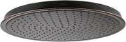 Rubbed bronze round shower head with multiple spray jets and wide flat face.